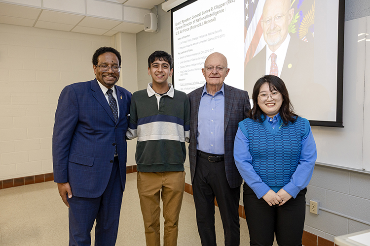 Pictured from left to right: Pines, Mirani, Clapper and Park celebrate Mirani's Truman Scholar announcement. Photo by Stephanie Cordle.